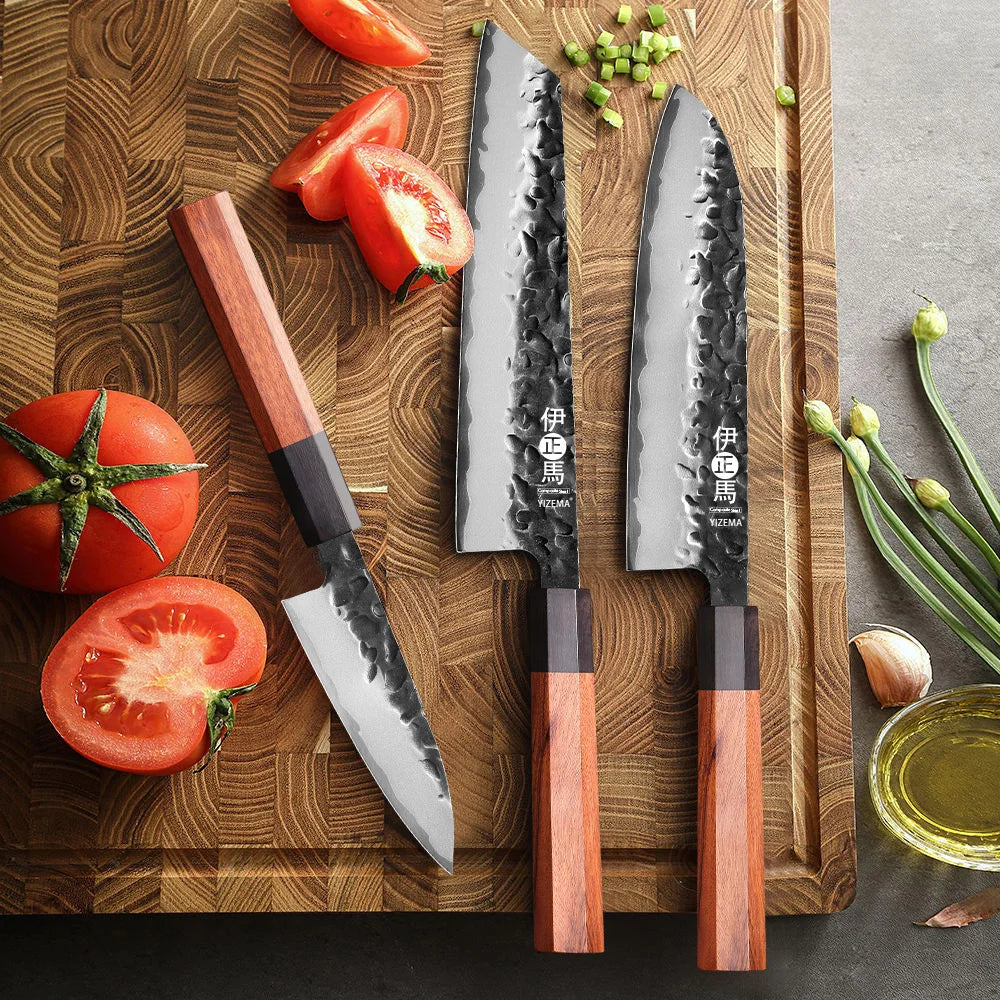 YIZEMA Japanese Knife Set - Kiritsuke, Santoku & Paring Knives with 3-Layer Composite Steel