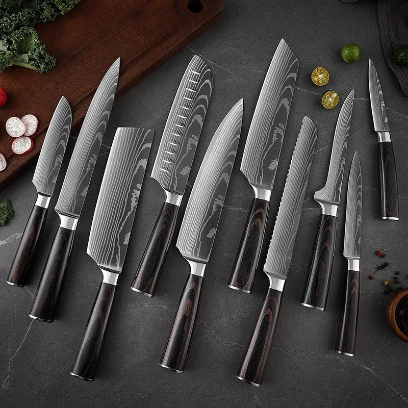 Japanese Santoku Knife Set - 10-Piece Damascus Pattern Kitchen Knives