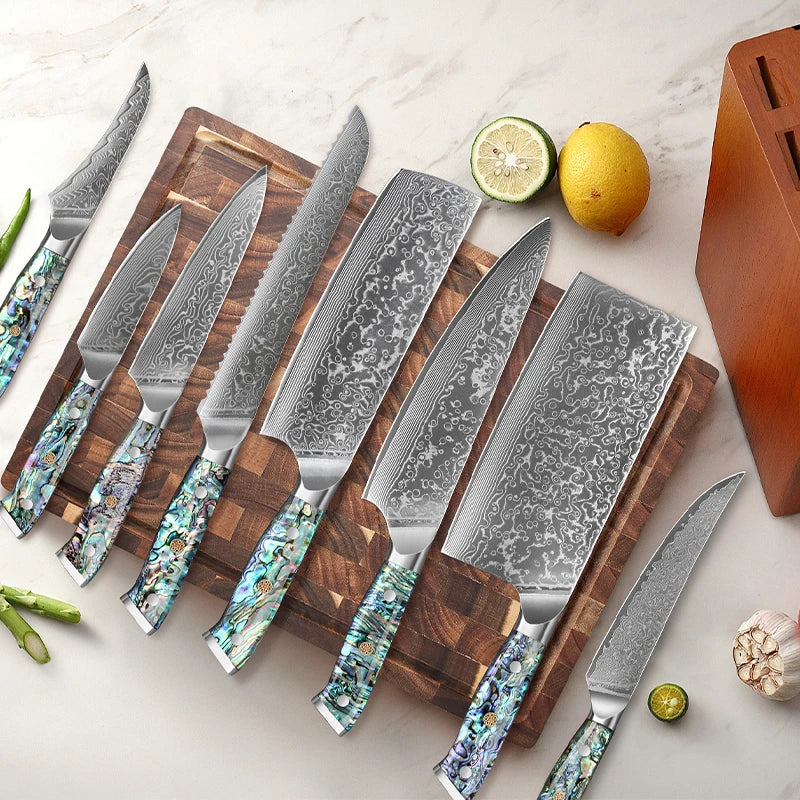 Japanese Damascus Steel Chef Knife Set – 8 PCS with Abalone Shell Handle