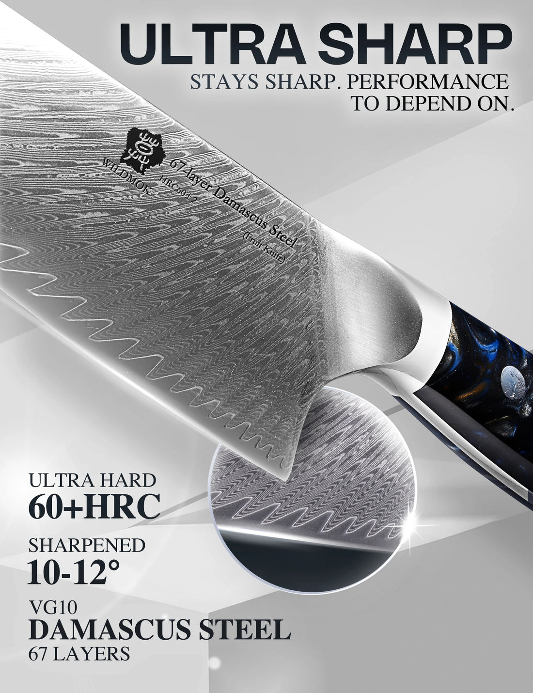 WILDMOK Japanese Knife Set - 3 Pcs Damascus VG10 Steel Chef Knives