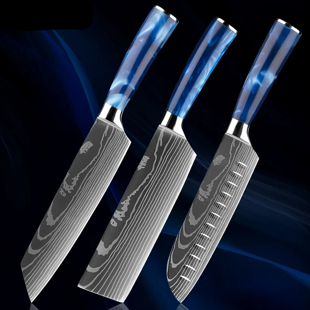 Japanese Knife Set - 1-8 Piece Stainless Steel Kitchen Knives with Blue Resin Handle